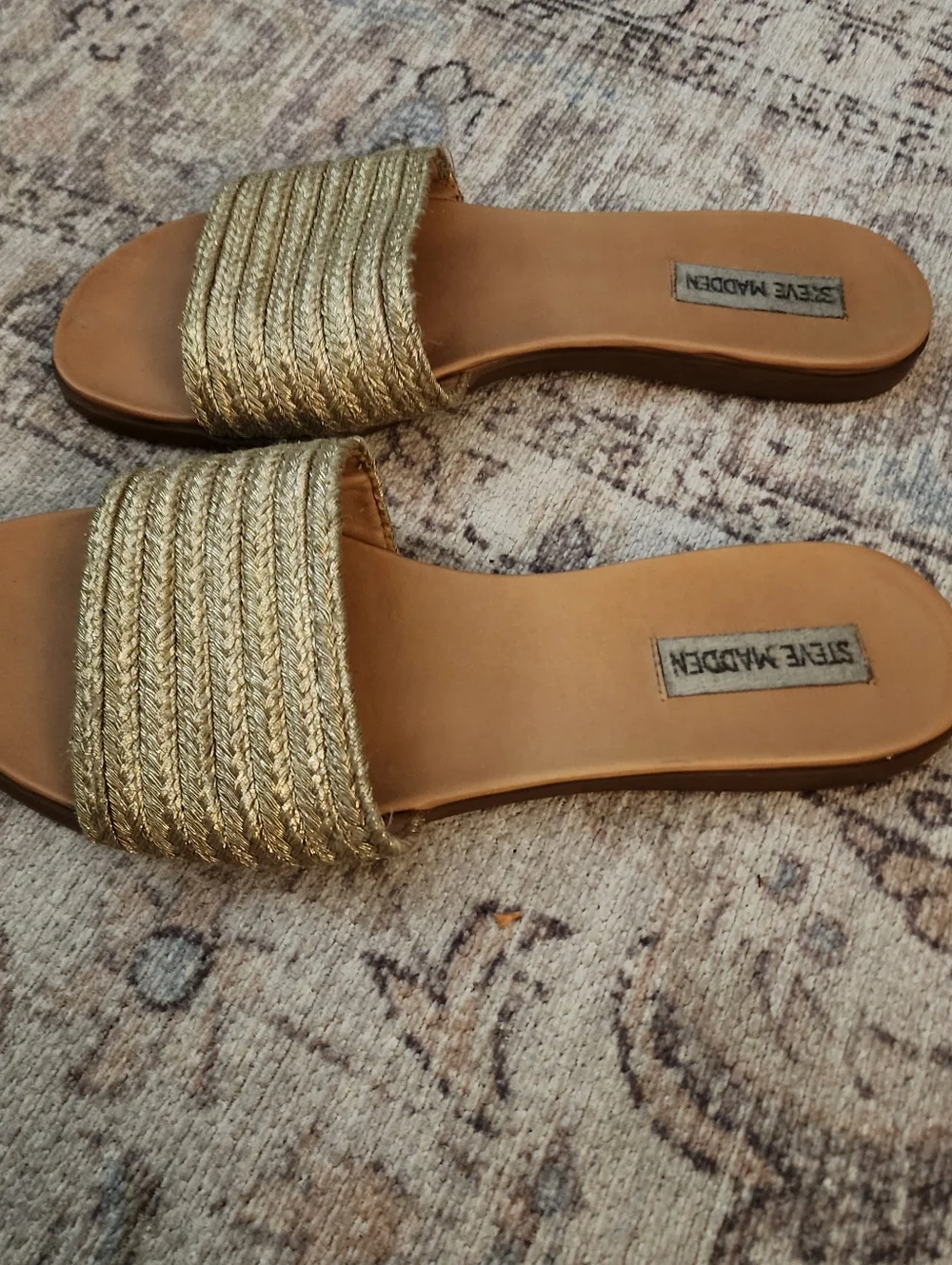 Steve Madden Gold Slides Flat Sandal Slip On Gold Woven 7